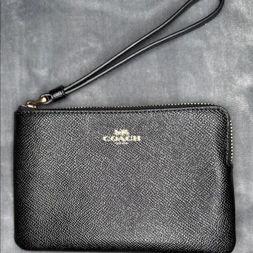 Coach Black Saffiano Leather Zip Wristlet with Gold Logo